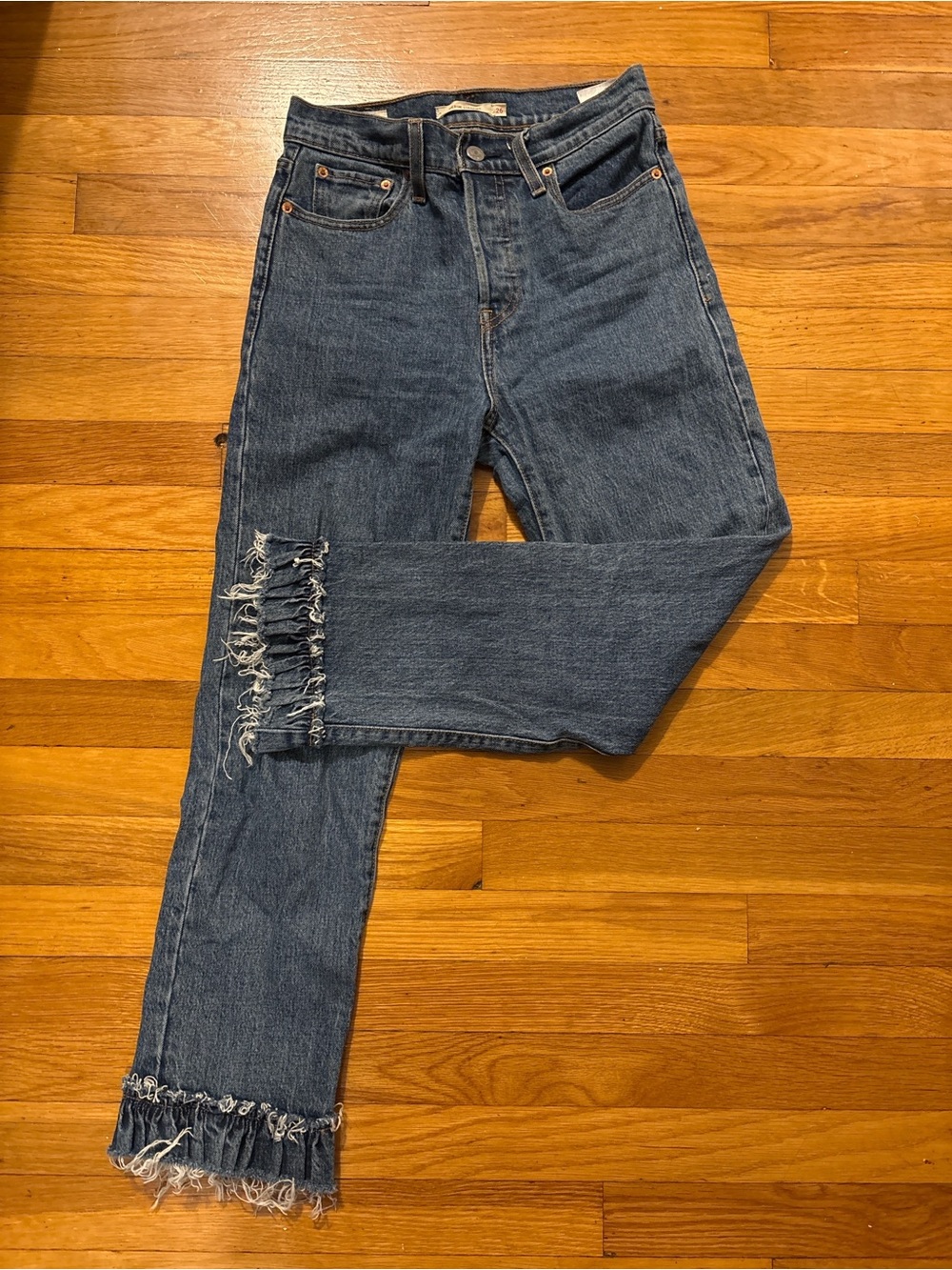 Levi's Women's Straight-Leg Jeans in Dark Blue with Frayed Ruffle Hem